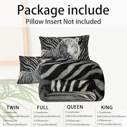 3Pcs White Tiger Comforter Set Full Size for Teen Boys Girls Room Decor,3D Animals Print Comforter Set,Wild Animals Theme Black White Stripe Tiger Bedding Set