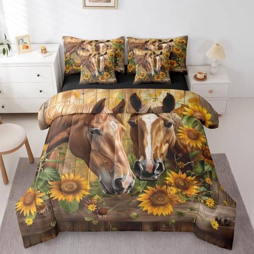 Erosebridal Horse Bedding Set Full,Horse Sunflower Floral Comforter Set,Vintage Wooden Board(Comforter+Fitted+Flat Sheet+2 Pillowcases+2 Throw Pillow Covers) 7 Pieces Western Rustic Farmhouse Bed Set