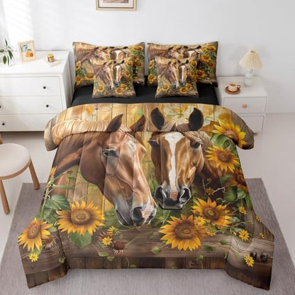 Erosebridal Horse Bedding Set Full,Horse Sunflower Floral Comforter Set,Vintage Wooden Board(Comforter+Fitted+Flat Sheet+2 Pillowcases+2 Throw Pillow Covers) 7 Pieces Western Rustic Farmhouse Bed Set