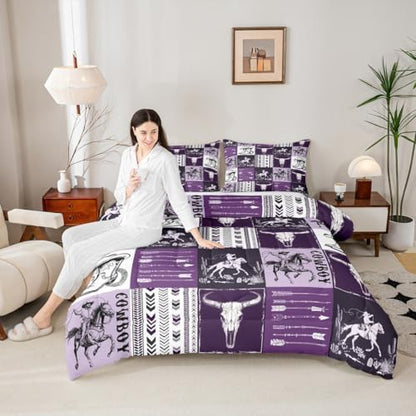 Manfei Cowboy Comforter Set Twin Size, Horse Bull Skull Cowboy Boots Hat Bedding Set 2pcs, Kids Boys Teens Bedroom Decor, Boho Purple Lattice Patchwork Down Comforter Western Quilt Set, 1 Pillowcase