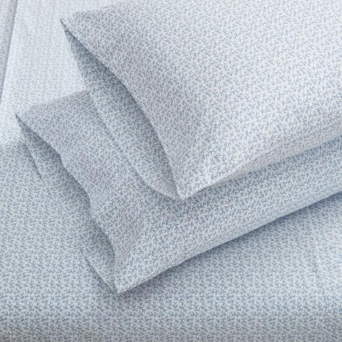 Martha Stewart - King Sheet Set with Fitted Sheet & Pillowcases, Cotton Percale Bedding with a Smooth Feel, Deep Pocket, Leaves Blue