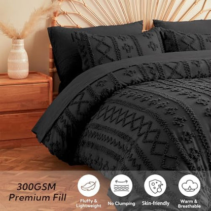 MR&HM King Size Comforter Set 7 Pieces, Farmhouse Boho Tufted Bed Set Black