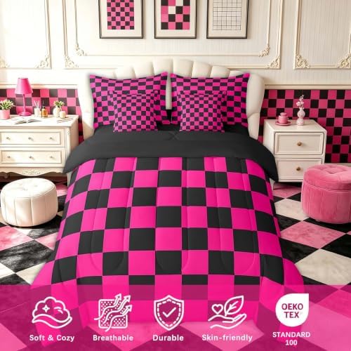 Feelyou Checkered 7 Piece Bedding Set Teen Dark Red Black Plaid Comforter Set with Sheets King Size Kids Boys Cute Retro Neutral Checkerboard Geometric Bed in a Bag Vintage Aesthetic Room Decor