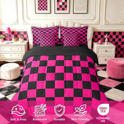 Feelyou Checkered 7 Piece Bedding Set Teen Dark Red Black Plaid Comforter Set with Sheets Twin Size Kids Boys Cute Retro Neutral Checkerboard Geometric Bed in a Bag Vintage Aesthetic Room Decor