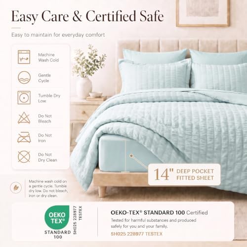 CozyLux Full Size Comforter Sets, 7 Pieces Ice Blue Seersucker Bed in a Bag