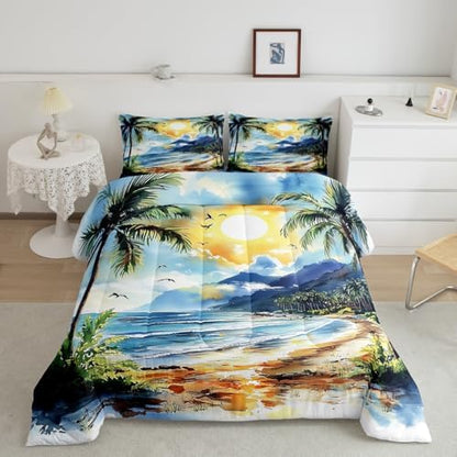 Homewish Tropical Beach Ocean Comforter Set King Size,Coconut Tree Bedding Set 3Pcs for Kids Girls Boys Teens Room Decor,Watercolor Coastal Quilt Set Blue Vintage Romantic Duvet Insert,2 Pillowcases