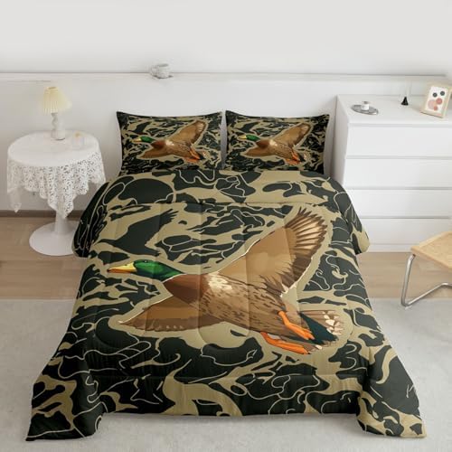 Feelyou Mallard Duck Bedding Set Soft for Boys Girls, Duck Hunting Comforter Set Queen Size Camouflage Duvet Quilt Microfiber Wild Animal Bedroom Decor 3 Pcs with 2 Pillow Cases