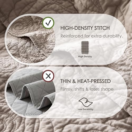 WDCOZY Dark Beige 100% Cotton Quilt Twin Size Bedding Sets with 1 Pillow Shams, Floral Rosette Lightweight Bedspread Soft Farmhouse Patterned Coverlet Quilted Comforter Bed Cover All Season, 2 Pieces
