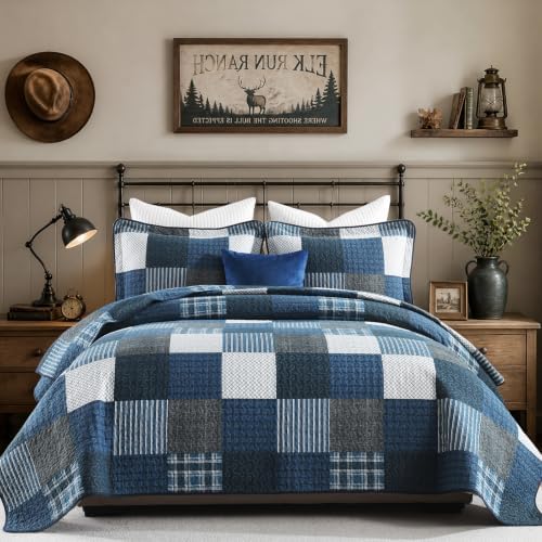 Quilta 100% Cotton Quilt Set, Navy/Black/White Plaid Bedspread Queen Size