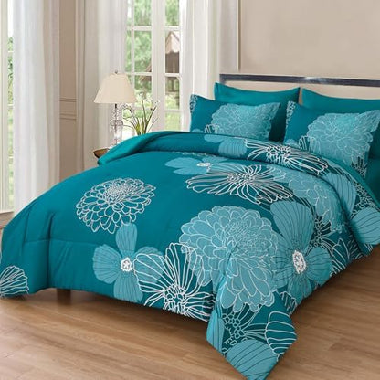 Yiran Queen Comforter Set Teal Bed in a Bag Floral Comforter Sets Soft Microfiber Boho Bedding Sets for All Season,7 Piece,90"×90"