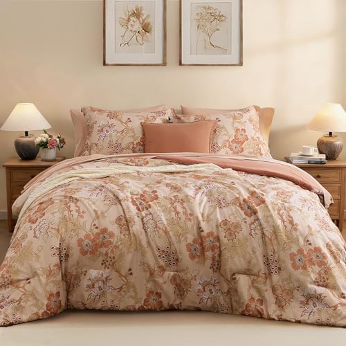 BLOOMHAVEN King Size Comforter Set-7 Pieces Terrecotta Floral Bed in a Bag