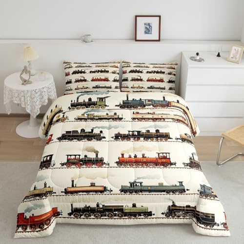 Feelyou Kids Vintage Train Comforter Set King Size Retro Steam Engine Bedding Set Boys Girls Retro Steam Locomotive Train Quilt Set Vehicle Train Bed Set