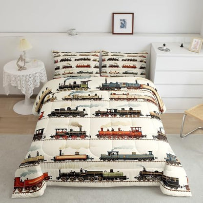Feelyou Kids Vintage Train Comforter Set King Size Retro Steam Engine Bedding Set Boys Girls Retro Steam Locomotive Train Quilt Set Vehicle Train Bed Set