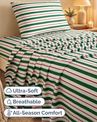 Christmas Sheet Set, Cabana Stripe, Holiday Xmas Bedding Set - Twin XL Size