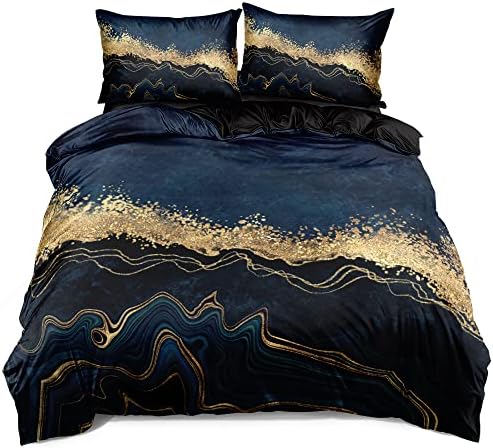 Dark Blue Marble Duvet Cover Set King Size Golden foil Bedding Comforter Covers Marbling Bed Set with 2 Pillow Shams Breathable Durable Soft Comfy