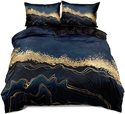 Dark Blue Marble Duvet Cover Set King Size Golden foil Bedding Comforter Covers Marbling Bed Set with 2 Pillow Shams Breathable Durable Soft Comfy
