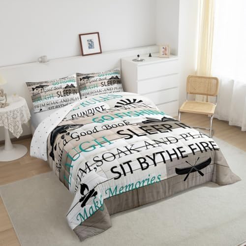 Lake House Bedding Set Full Size,Fishing and Boating Comforter Set 3pcs Kids Teens Boys Men Bedroom Decor Rustic Farmhouse Wood Quilted Duvet Outdoor Adventure Camper Duvet Insert,2 Pillowcases