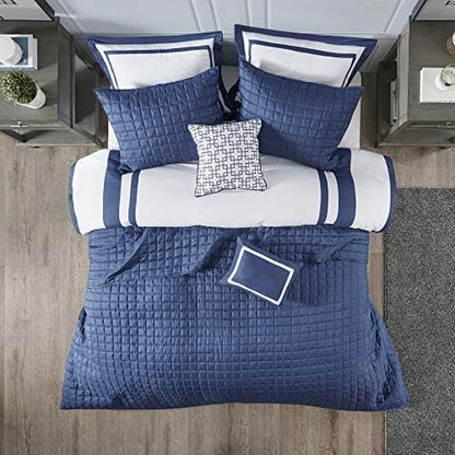 Madison Park Heritage Comforter Quilt Combo Set - Modern Luxury Design, All Season Down Alternative Bedding, Matching Shams, Decorative Pillows, King/Cal King(104"x92"), Color Block Navy 8 Piece