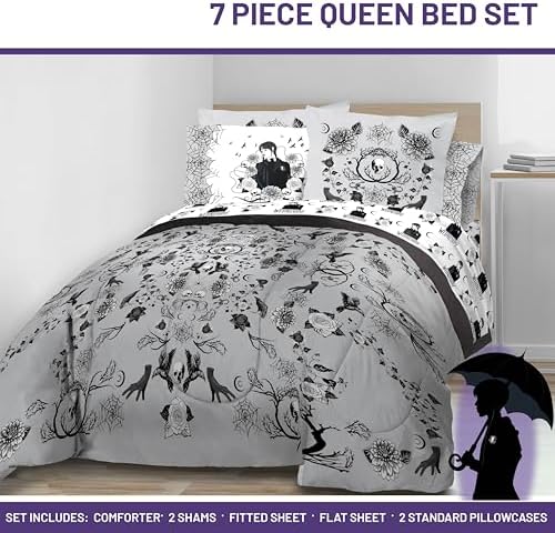 Wednesday Addams Queen Comforter Set 7 Piece Floral Bedding for Girls, Gray
