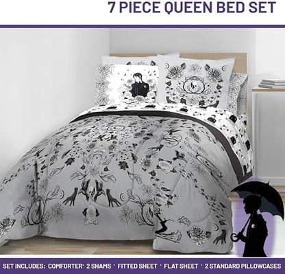 Wednesday Addams Queen Comforter Set 7 Piece Floral Bedding for Girls, Gray