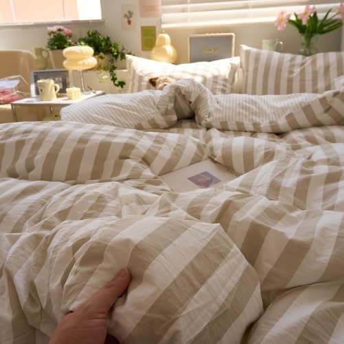VM VOUGEMARKET Kids Teens Twin Duvet Cover Set Khaki Striped Bedding Set Khaki White Stripes Duvet Cover with 2 Pillowcases Soft Lightweight Microfiber Farmhouse Comforter Cover-68 x86