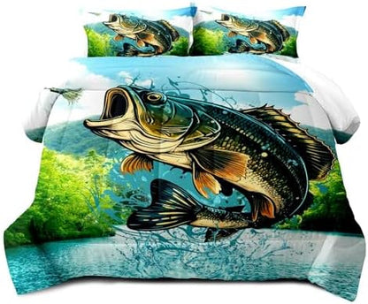 LUVIVIHOME 3PCS Fishing Comforter Set King Size, Bass Fish Bedding for Kids Boys, Forest Wildlife Hunting Animal Country Rustic Farmhouse Bedroom Decor, Soft Microfiber Quilt, 2 Pillow Shams