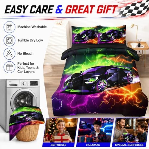 5 Pcs Car Comforter Sets for Boys, Cool Purple Green Lightnings Bed in A Bag Full Size Car Bedding Set for Boys Teens