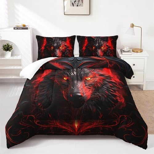 Nttopship Wolf Printed Bedding Set, Wolf Comforter Set Queen Size,Boys Bedding Set 100% Soft Ultra-fine Fiber Four Season Red Flame Comforter Set with 1 Comforter and 2 Pillow Case