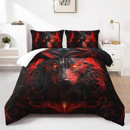 Nttopship Wolf Printed Bedding Set, Wolf Comforter Set Queen Size,Boys Bedding Set 100% Soft Ultra-fine Fiber Four Season Red Flame Comforter Set with 1 Comforter and 2 Pillow Case