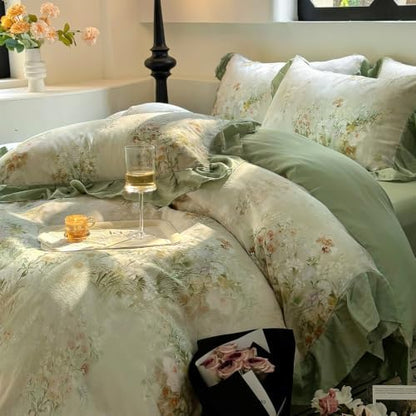 VM VOUGEMARKET Romantic Ruffle Floral Duvet Cover Set Twin Sage Green