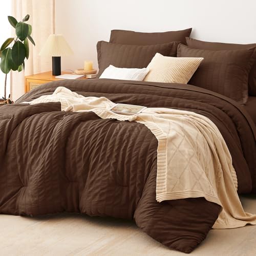 CozyLux California King Comforter Set 7-Piece Brown Seersucker Bed in a Bag