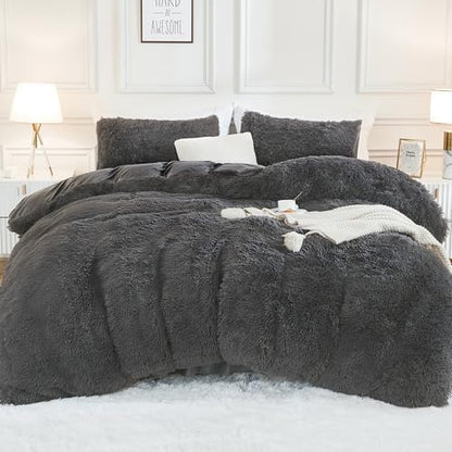 Andency Dark Grey King Size Comforter Set, Fluffy Faux Fur Warm Bedding Set