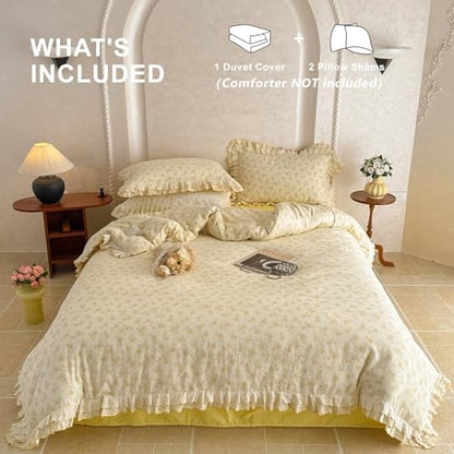 VM VOUGEMARKET Cream Duvet Cover Queen with Yellow Rose Flower Pattern Soft Muslin Cotton Bedding Set with Ruffles,Soft,Breathable Linen Like Gauze Comforter Cover with Zipper Closure 90"x90"