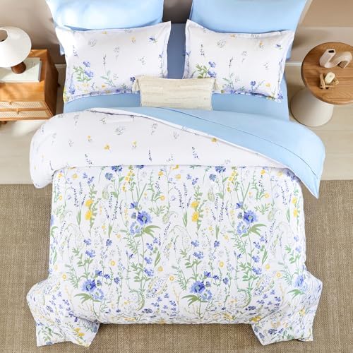 Blue Floral Comforter Set Queen/Full Size, 7 Piece Cute Comforters Bedding