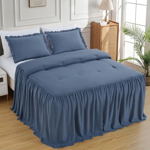 Chezmoi Collection Sinclair 3-Piece Ruffle Skirt Bedspread Set - French Country Chic Farmhouse - California King, Dusty Blue