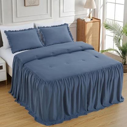 Chezmoi Collection Sinclair 3-Piece Ruffle Skirt Bedspread Set - French Country Chic Farmhouse - California King, Dusty Blue