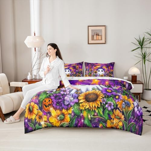 Erosebridal Halloween Theme King Comforter Set 7 Piece for Kids Boys Girls Room Decor Cartoon White Ghost Sunflower Print Bed in A Bag with Sheets Pumpkin Bedding Set Purple Bed Set