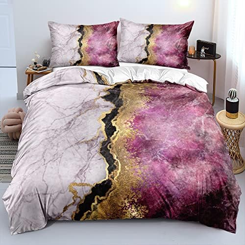 Pink Marble Duvet Cover Set Twin Size Sequin Gold Bedding Comforter Covers with 2 Pillow Shams Girls Decor Bedroom Bed Set Breathable Durable Soft Comfy