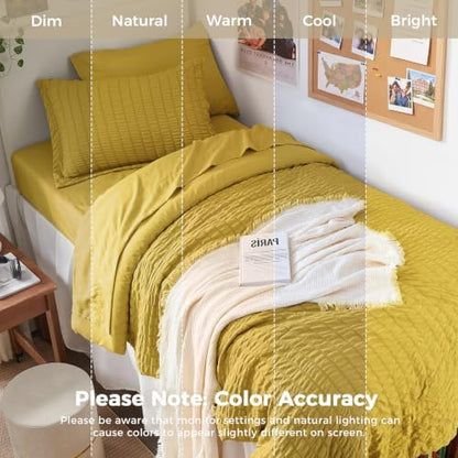 HYMOKEGE Mustard Yellow Twin XL Comforter Set Seersucker 5 Pieces, All Season Luxury Bed in a Bag for Bedroom, Bedding Set with Comforter, Sheets, Pillowcase & Sham