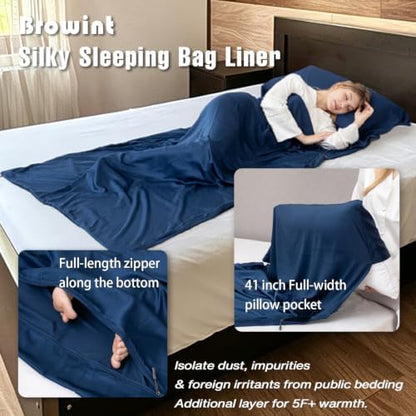 Browint Premium Silky Sleeping Bag Liner with Two-Way Zippers, 87"x41" Extra Wide Adult Sleep Sack for Hotel, Breathable Lightweight Travel Sheet, Multifunctional Bed Sheet for Camping, All Seasons