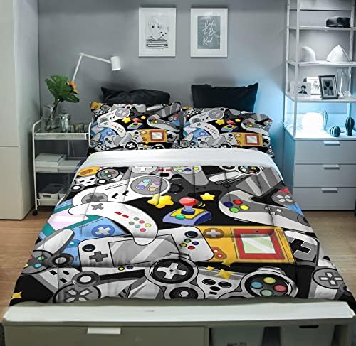 Sunnycitron Gaming Comforter for Boys Teen Gamer Comforters Queen Size Gaming Bedding Kids Bed Set Boys Bedding Quilt Game Room Decor,1 Comforter +2Pillowcase