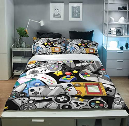 Sunnycitron Gaming Comforter for Boys Teen Gamer Comforters Queen Size Gaming Bedding Kids Bed Set Boys Bedding Quilt Game Room Decor,1 Comforter +2Pillowcase