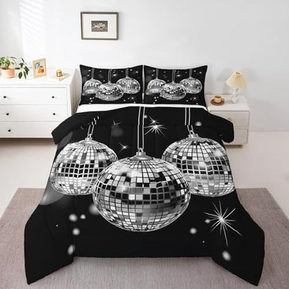 Homewish Dance Party Full Size Comforter Set,Vintage Music Black Bedding Set for Adults Teens,Children Disco Light Comforter Luxury Geometric Square Circle Quilt Set Room Decor 3Pcs
