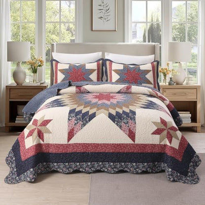 vctops Vintage Star Patchwork Cotton Bedspread Quilt Set (Navy,Queen)