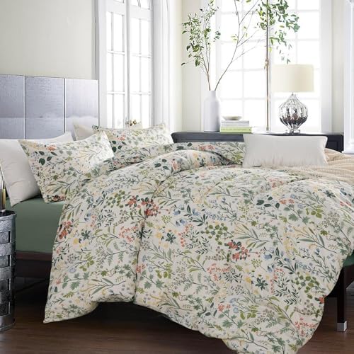 Vintage Garden Floral Comforter Set Queen Soft Fluffy Vibrant Colors Cute Floral Bedding Comforter Boho Aesthetic Queen Bed Comforter with 2 Pillowcases Cottagecore Botanical Flower Comforter Set