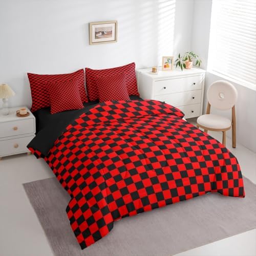 jejeloiu Red Black Bedding Set 7Pcs King Size Kids Plaid Checkered Comforter Set with Sheets for Boys Girls Classic Grid Buffalo Check Bed in a Bag Soft Lightweight,Microfiber
