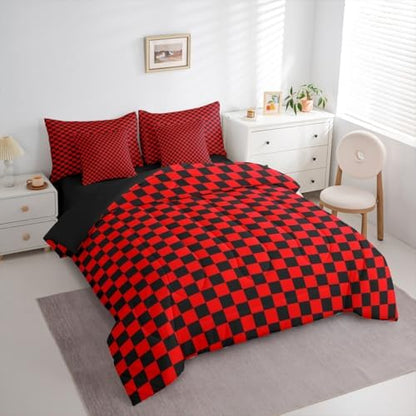 jejeloiu Red Black Bedding Set 7Pcs Full Size Kids Plaid Checkered Comforter Set with Sheets for Boys Girls Classic Grid Buffalo Check Bed in a Bag Soft Lightweight,Microfiber