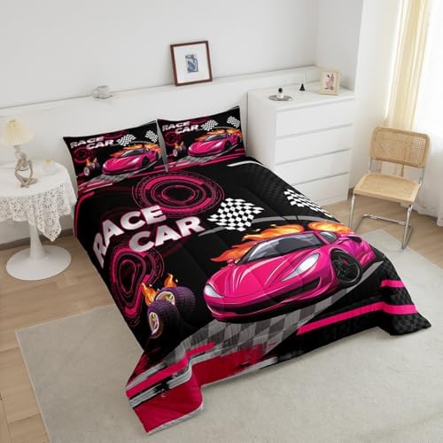 Feelyou Kids Rose Pink Race car Comforter Set Queen Size Speed Sports Car Bedding Set Boys Girls Automobile Racing Car Quilt Set Extreme Sports Theme Bed Set
