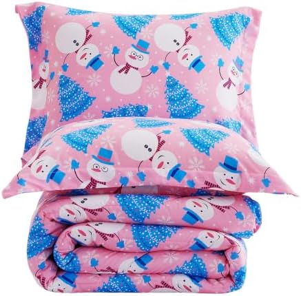 Yibeizi Pink Christmas Comforter Set Full Kids Cute Snowman Xmas Bedding
