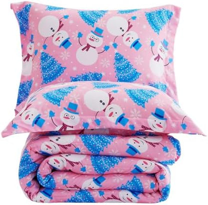 Yibeizi Pink Christmas Comforter Set Full Kids Cute Snowman Xmas Bedding